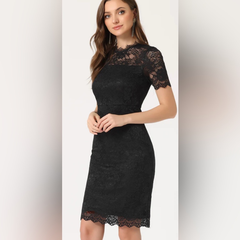 NWT Allegra Black Crew Neck Lace Overlay Dress – Size S (Whimsical Goth)‎
